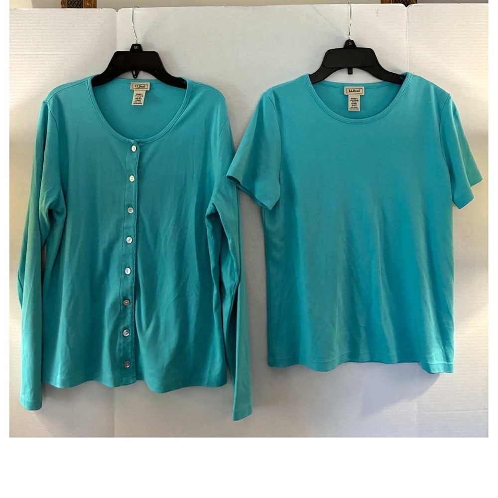 LL Bean Supima Cotton Cardigan Top Set Womens M S Aqua Blue TwinSet 2 Piece